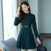 dress autumn outfit plaid print long sleeve o neck belted outfit